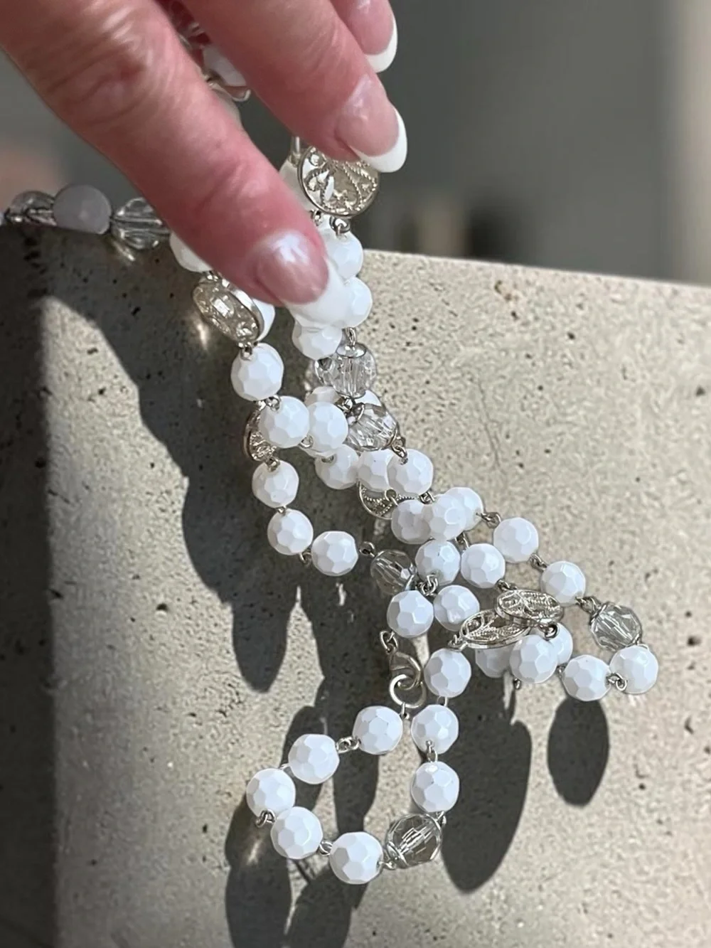 Long White Faceted Glass Crystal Medallion Silver Tone Station Necklace